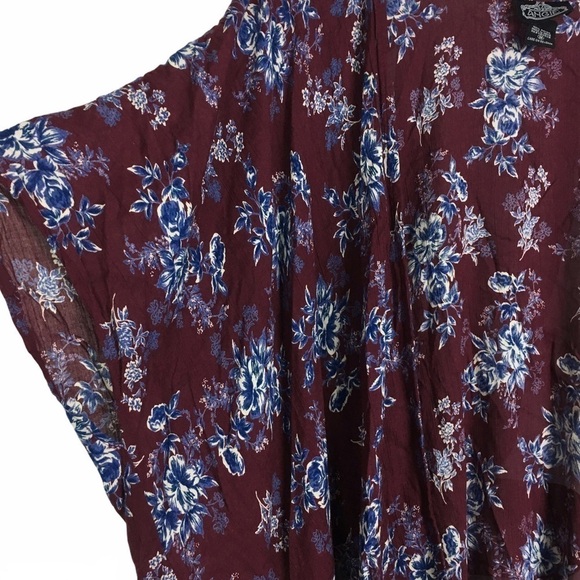 ANGIE Kimono Wrap Asymmetrical Floral Boho Oversized Burgundy Navy Size Medium - Picture 3 of 11